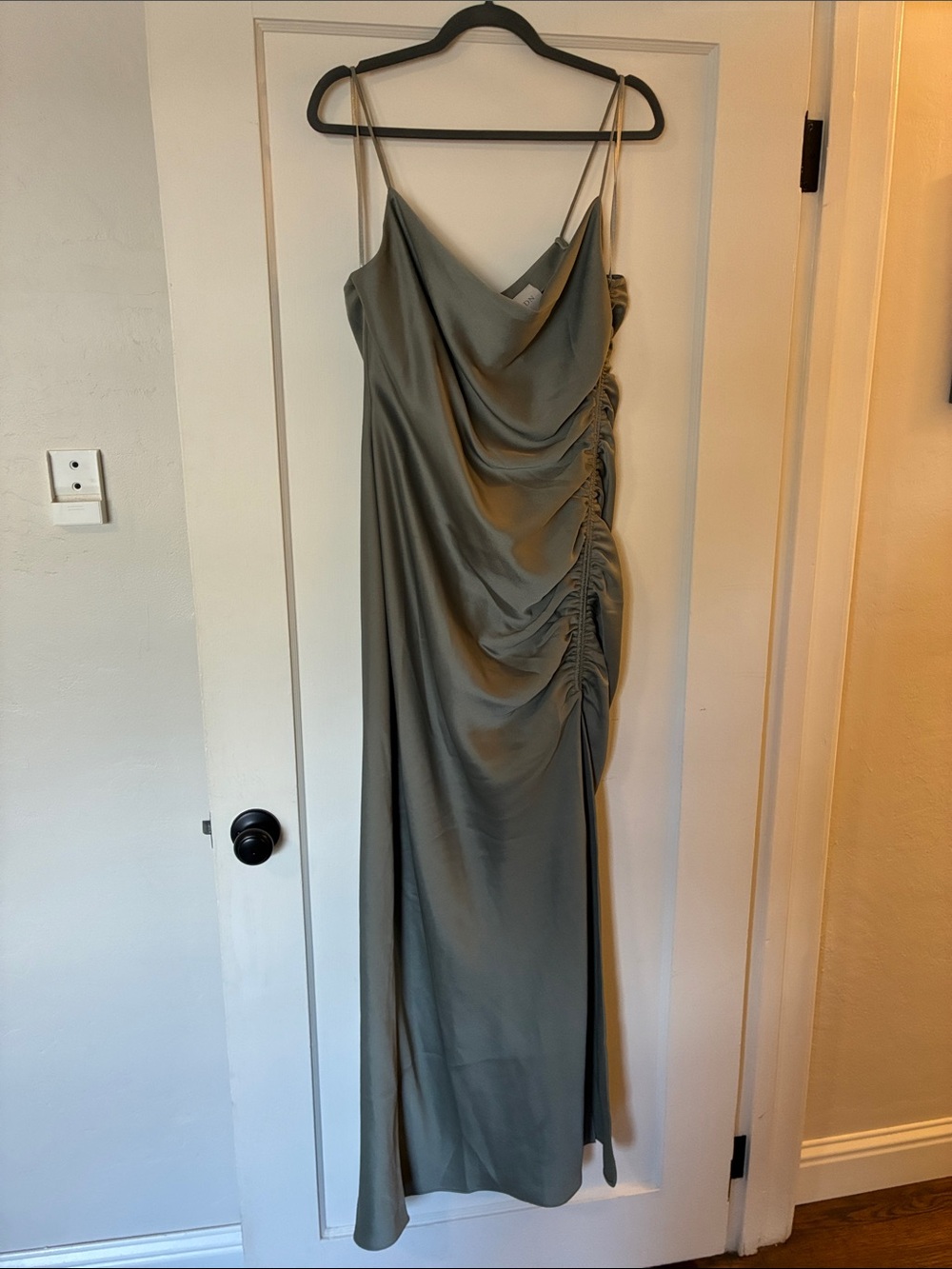 BHLDN Olive Satin Cowl Slip Dress with Side Ruching